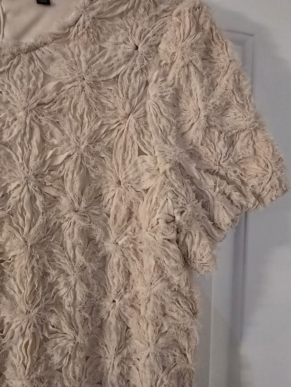 Adrianna Papell Floral Motif Crochet Texture Crew Neck Woven Shirt In Cream - Picture 3 of 11